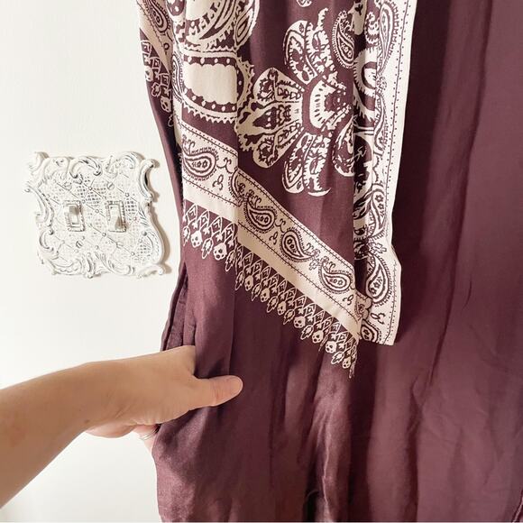 Free People Brown Satin Bandana Print Long Kimono Duster M - Picture 4 of 9